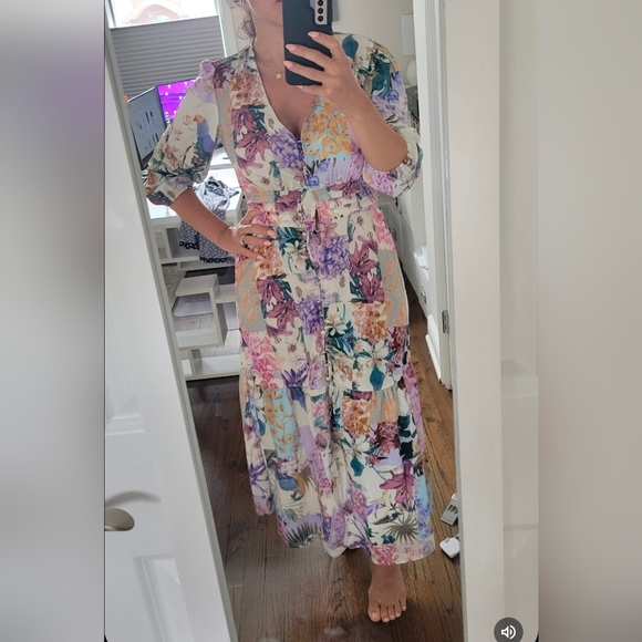 Boho Pink Floral Print Button up Ruffle Midi Dress - Picture 6 of 6